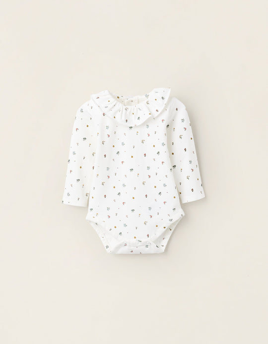 Floral Bodysuit with Ruffles for Newborn Girls, White