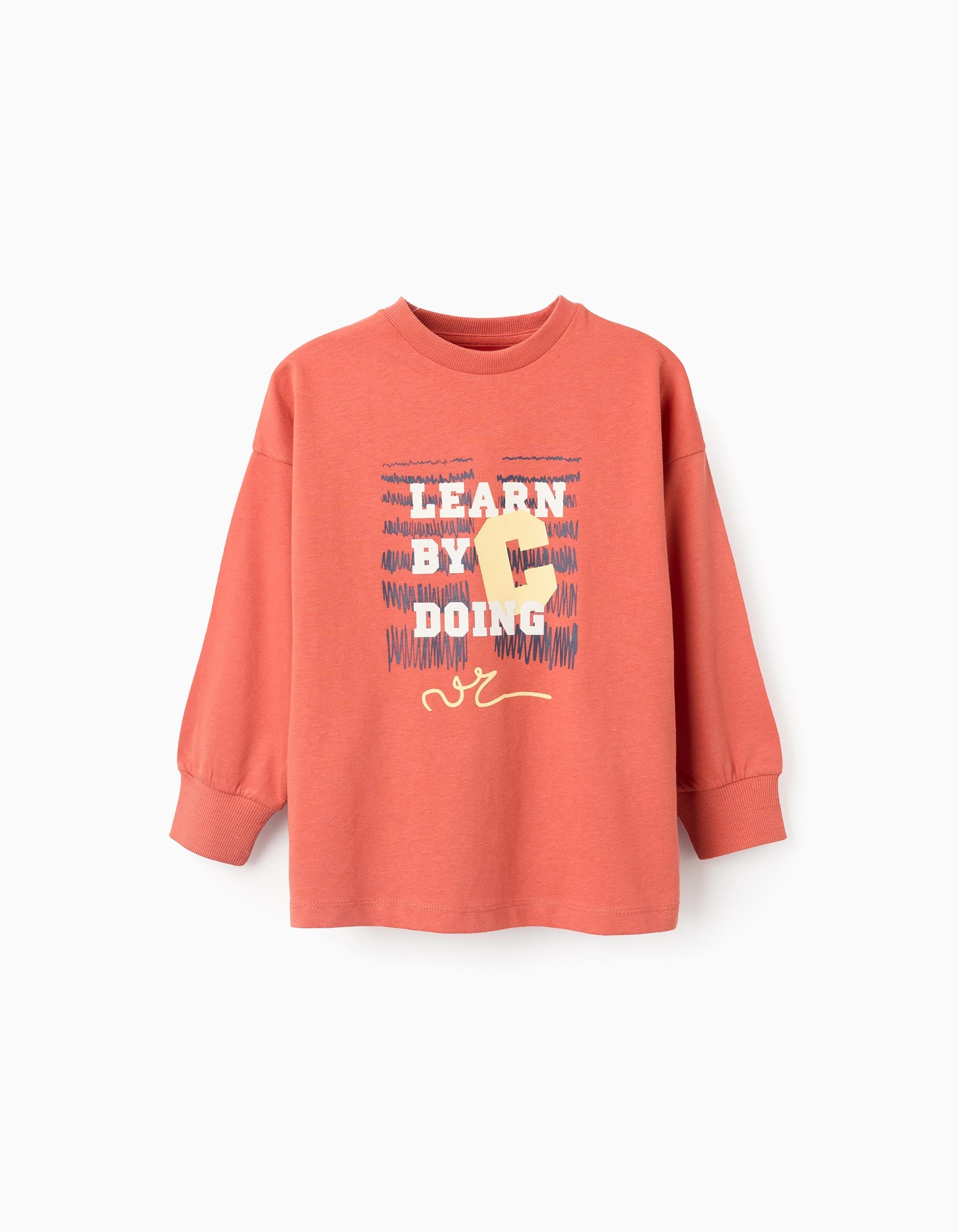 Long sleeve cotton T-shirt with print 'C' for boys, orange | Ziddy KSA