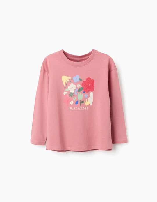 Long sleeve cotton T-shirt with 'Fully Awake' print for girls, pink