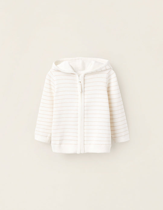 Striped Hooded Knitted Cardigan for Newborns, White/Beige