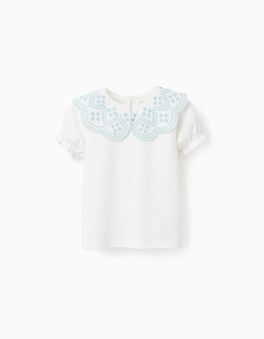 T-shirt with English Embroidery Collar for Girls, White/Aqua Green
