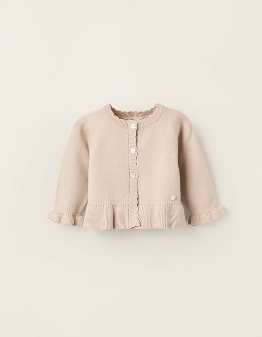 Knitted Cardigan with Ruffles for Newborns, Beige