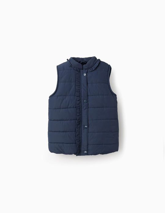 Padded Gilet with Ruffles and Polar Lining for Girls, Dark Blue