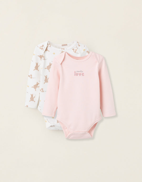 Pack of 2 Cotton Bodysuits for Baby Girls 'Family Love', Pink/White