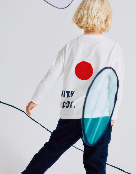 تيشيرت قطن بأكمام طويلة للأولاد "Dot"، أبيض