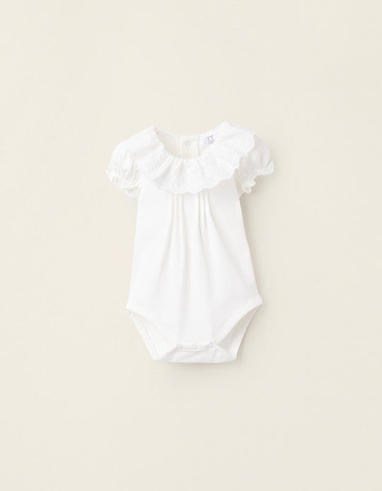Bodysuit-Blouse with Ruffles and Broderie Anglaise for Newborn Girls, White