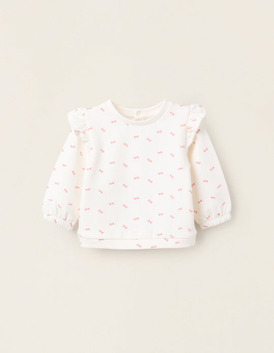 Brushed Sweatshirt with Ruffles for Newborn Girls 'Bows', White