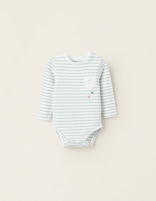 Bodysuit with Striped Motif for Newborns 'Smiley', White/Green