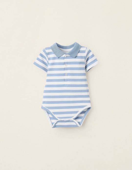 Striped Polo Bodysuit with Ribbed Collar for Newborns, White/Blue