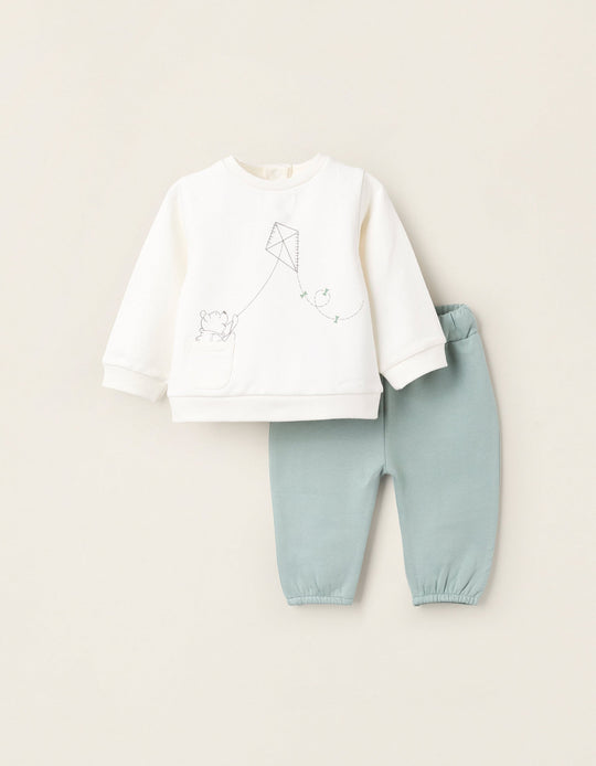 Brushed Sweatshirt + Trousers for Newborns 'Winnie', White/Green