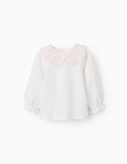 T-shirt with Broderie Anglaise Collar for Baby Girls, White/Pink