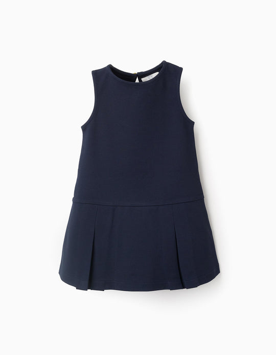 Ponte Roma Pleated Dress for Baby Girls, Dark Blue
