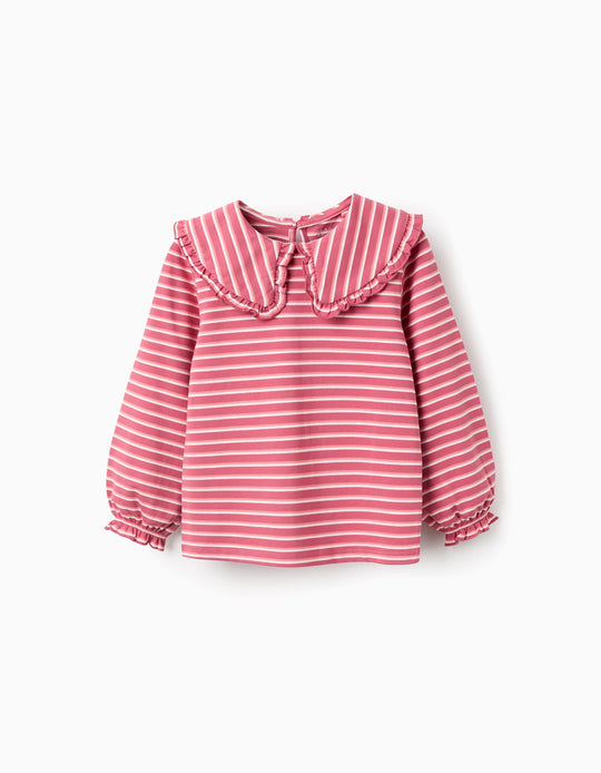 Striped T-shirt with Maxi Collar and Frill Contour for Girls, Pink/White