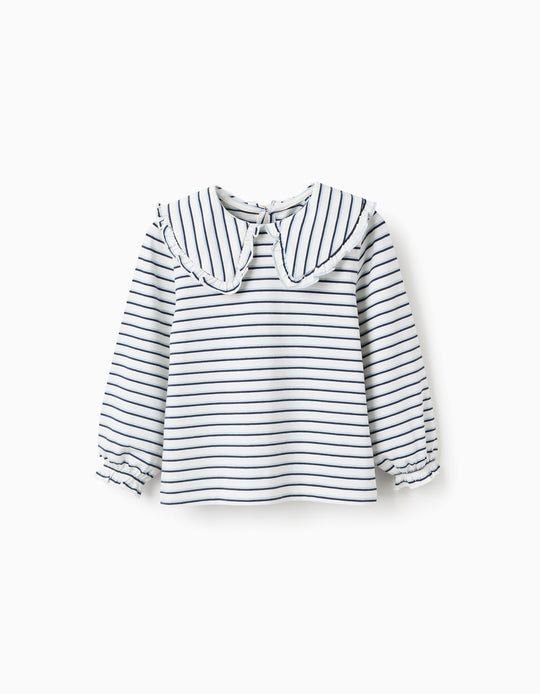 Striped T-shirt with Maxi Collar and Frill Contour for Girls, White/Blue
