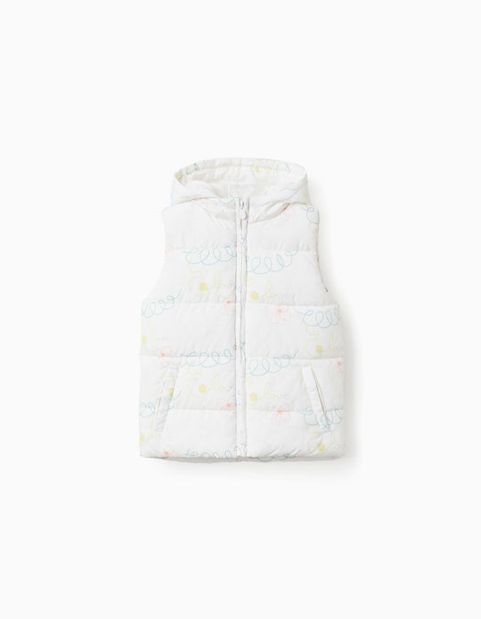 Padded Vest with Hood and Motif for Girls 'Love', White