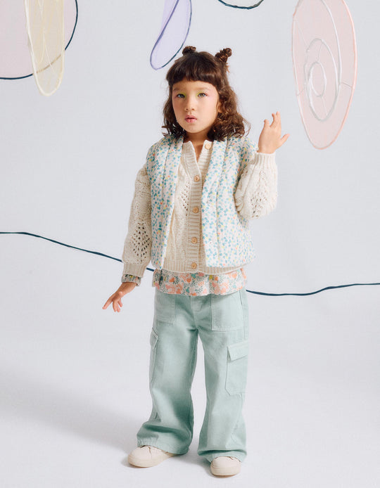 Cotton gilet with floral pattern and sherpa lining for girls, beige