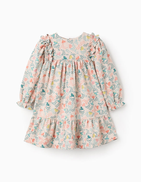 Colourful Floral Twill Dress for Baby Girls, Beige