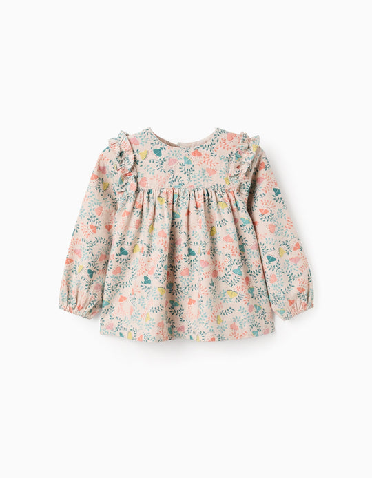 Colourful Floral Motif Twill Tunic for Baby Girls, Beige