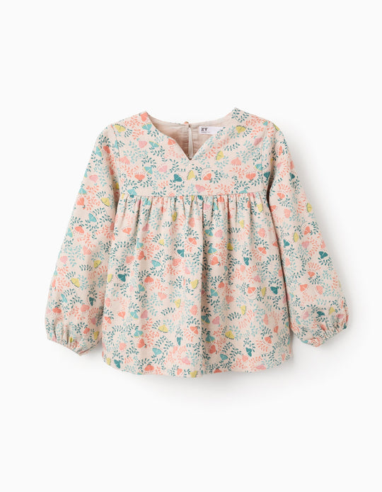 Twill Tunic with Colourful Floral Motif for Girls, Beige