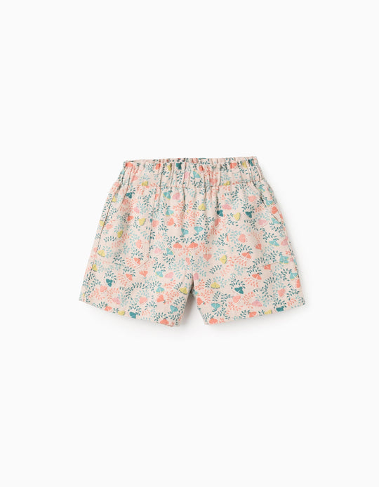 Twill Shorts with Colourful Floral Motif for Girls, Beige