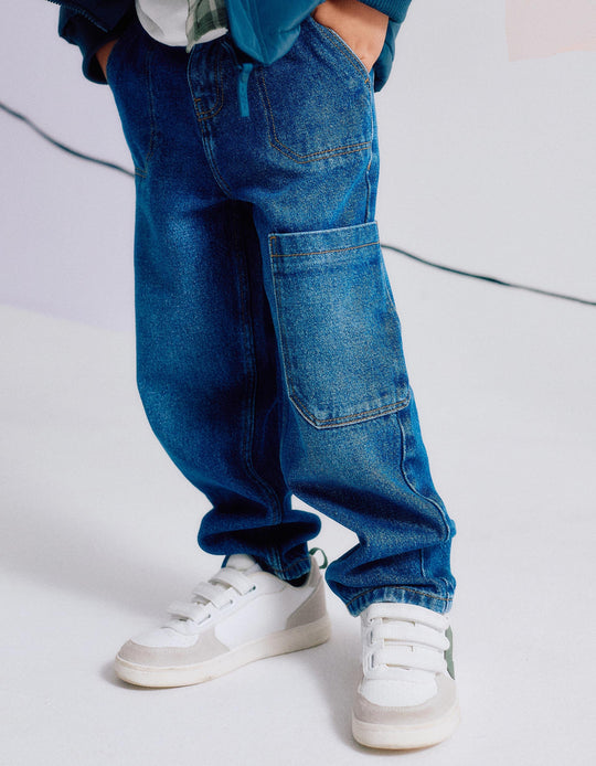 جينز كارغو قطن للأولاد "Baggy Fit"، أزرق
