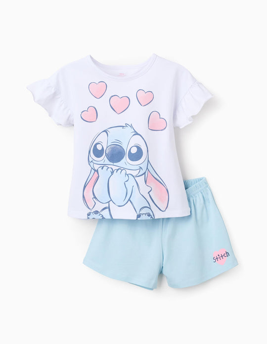 بيجامات قطن بكشكش للفتيات "Stitch"، أبيض/أزرق