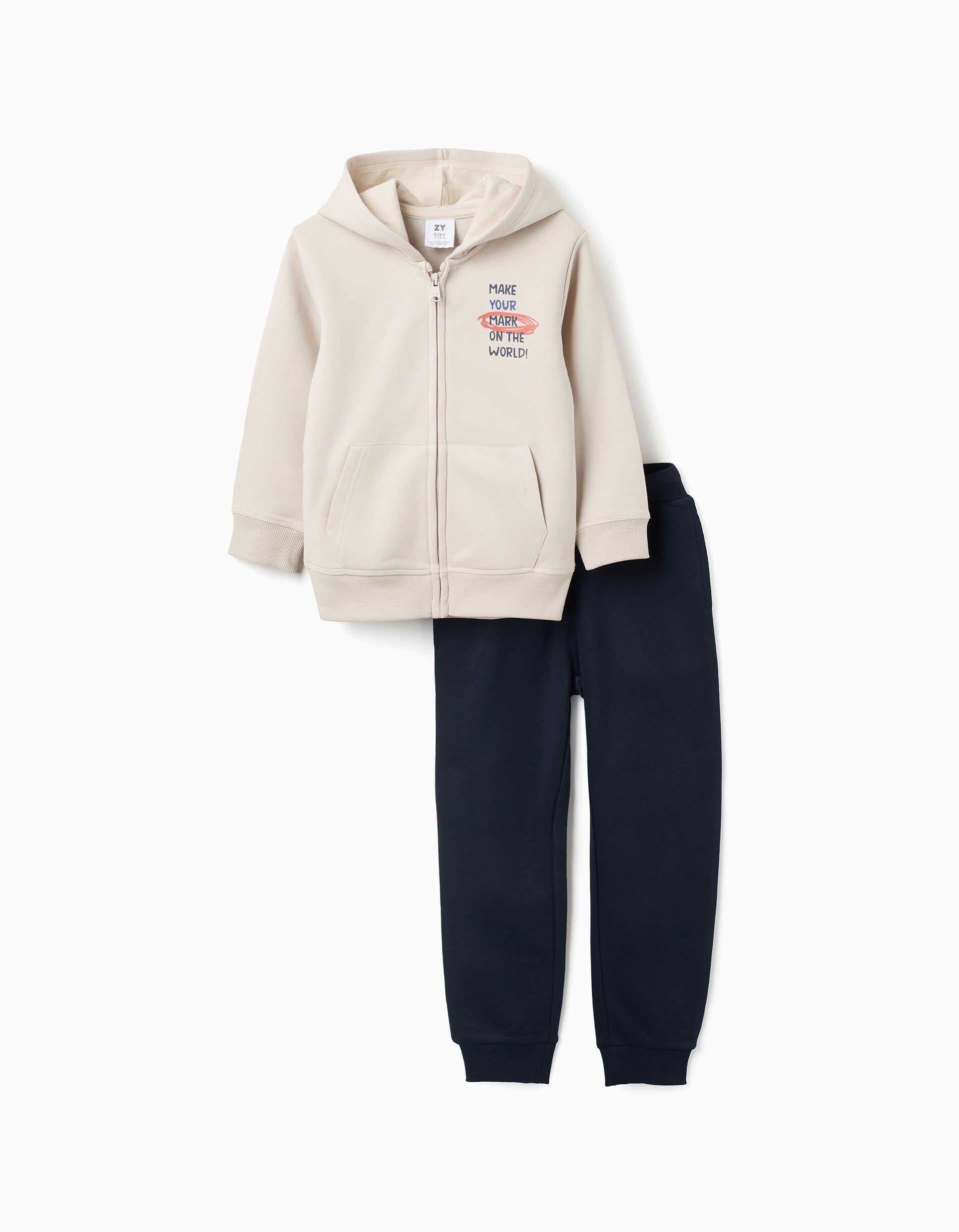 Brushed hooded jacket + joggers set for boys, beige/dark blue | Ziddy KSA