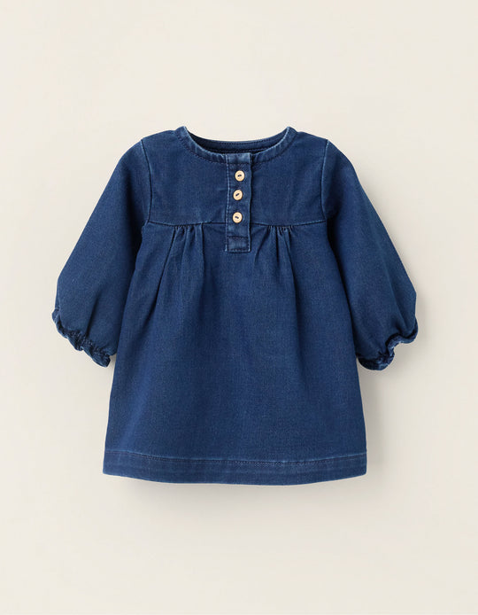 Denim Dress with Ruffled Cuffs for Newborns, Blue
