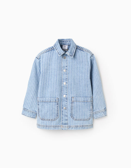 Striped Denim Overshirt for Girls, Light Blue/White