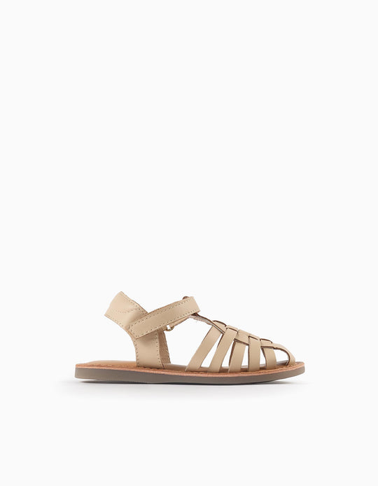 Braided Leather Sandals for Newborns, Beige