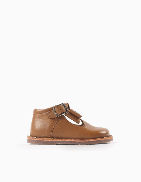 Leather Mary Jane Shoes with Bow for Baby Girls, Camel