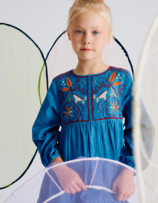 Embroidered Cotton Denim Dress for Girls, Blue