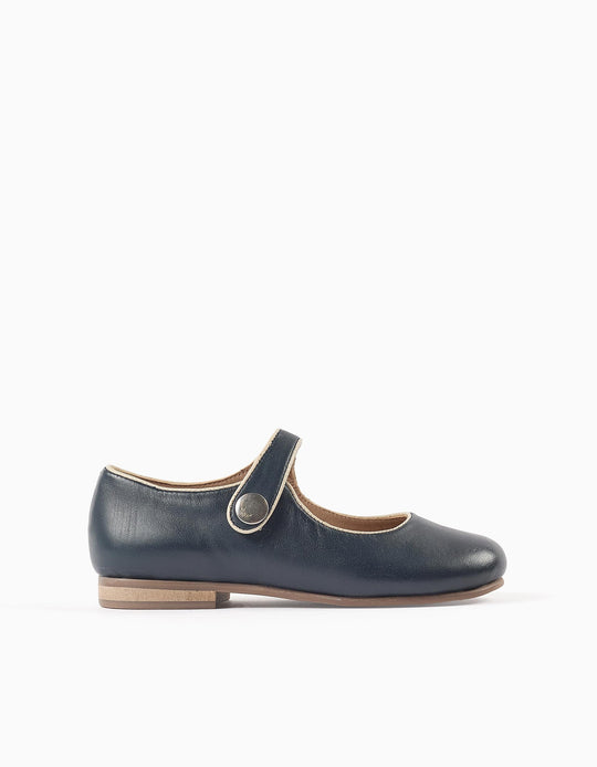 Leather T-Bar Ballerina Flats for Girls, Dark Blue