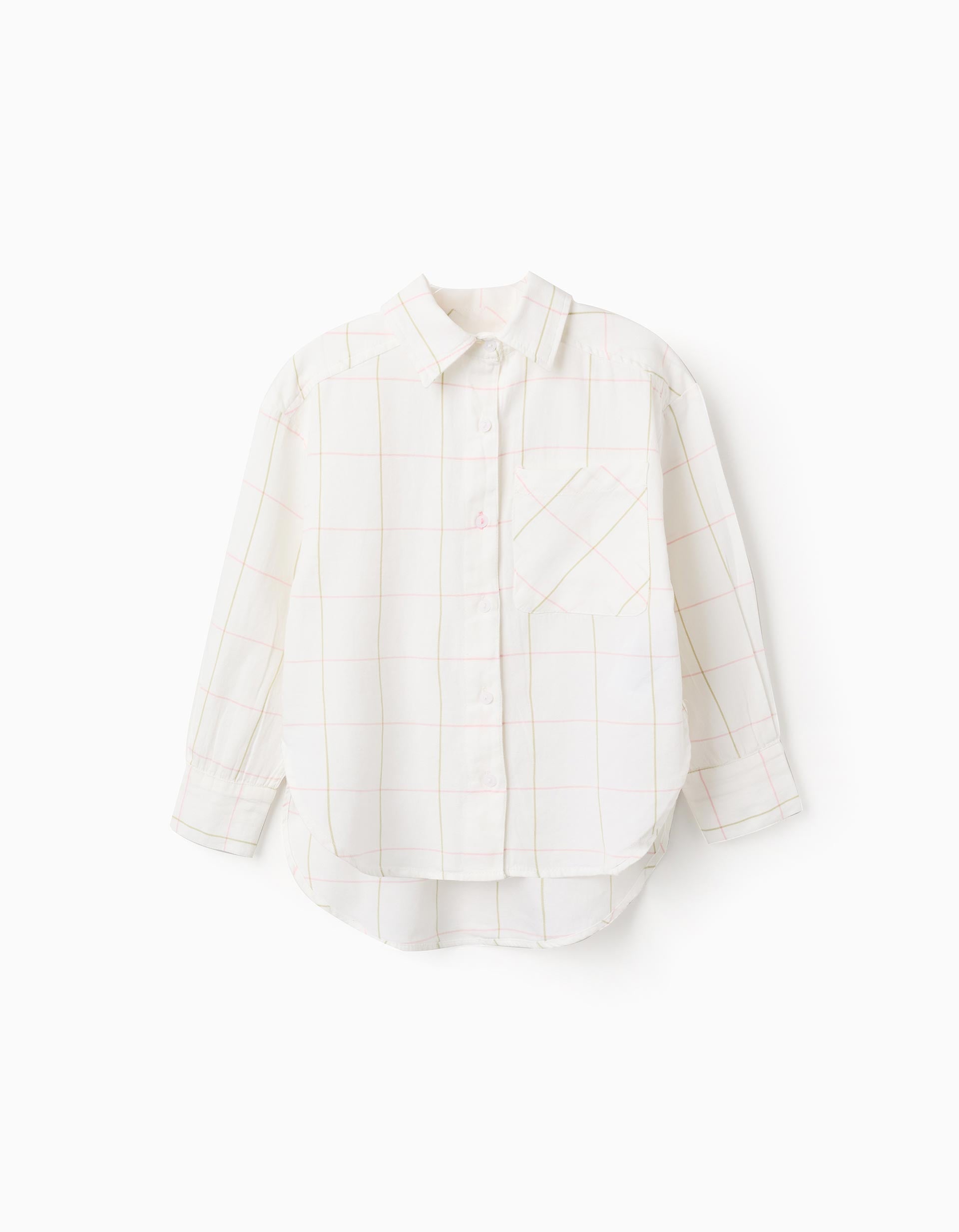 Asymmetrical Cotton Check Shirt for Girls, White | Ziddy KSA