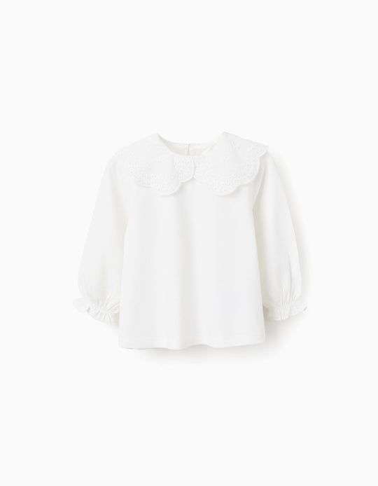 T-shirt with Broderie Anglaise Collar for Baby Girls, White