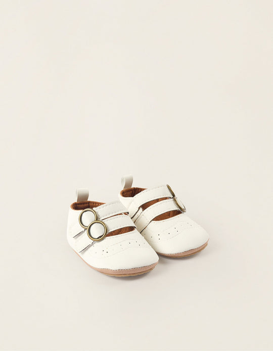 Ballet Flats with Touch-Fastening Buckles for Newborn Girls, White