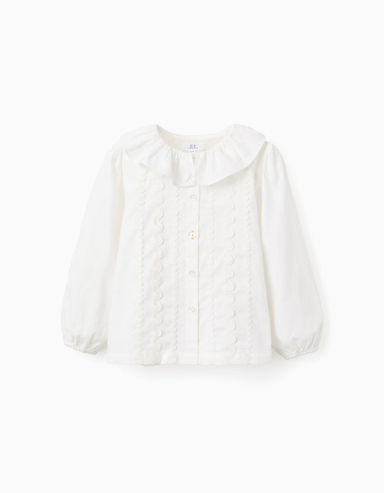 Cotton Twill Shirt with Wavy Ribbons for Baby Girls, White