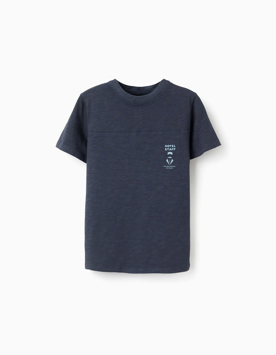 Cotton T-shirt with 'Hotel Staff' Print for Boys, Dark Blue