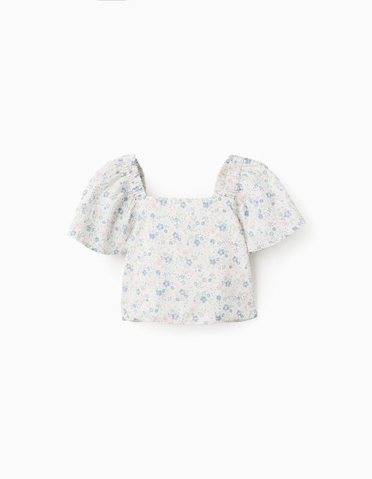Floral Top with Butterfly Sleeves and Open Back for Girls, White