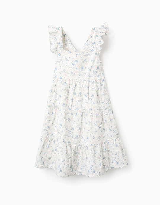 Floral Cotton Dress with Ruffles for Girls, White