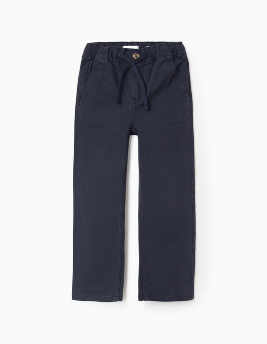 Dark Blue 'Straight Fit' Twill Chino Trousers with Drawstring for Boys