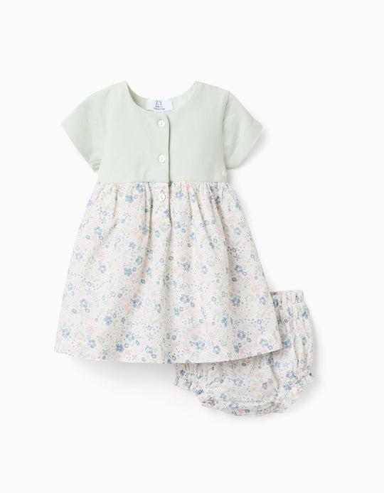 Dress + Bloomers with Flower Motif for Newborn Girls, Light Green