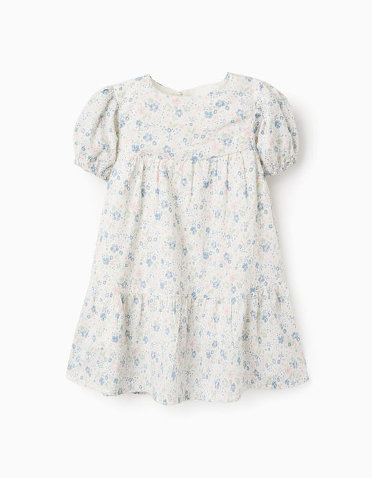 Cotton Floral Dress for Baby Girls, White/Blue/Pink/Green
