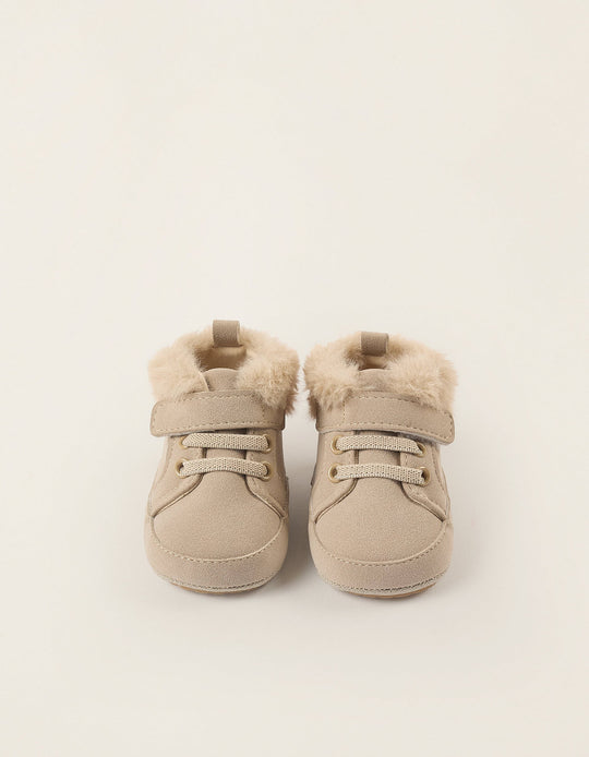 Suedine Boots with Touch-fastening Strap for Newborn Girls, Beige