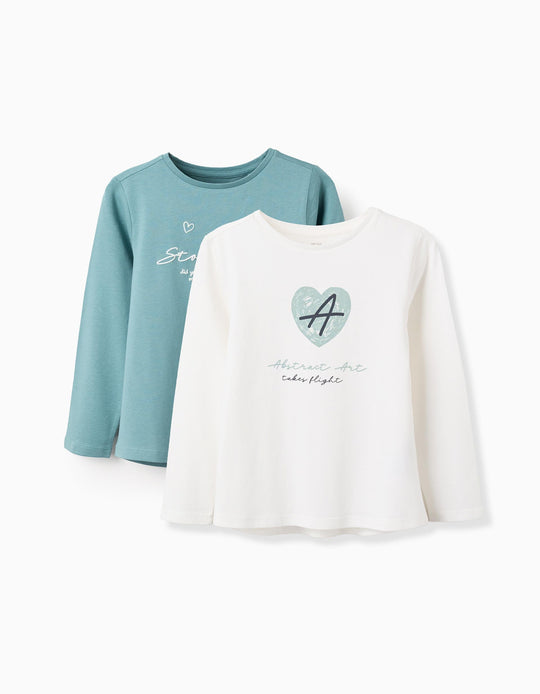 Pack of 2 Long Sleeve T-shirts for Girls 'Abstract', White/Green