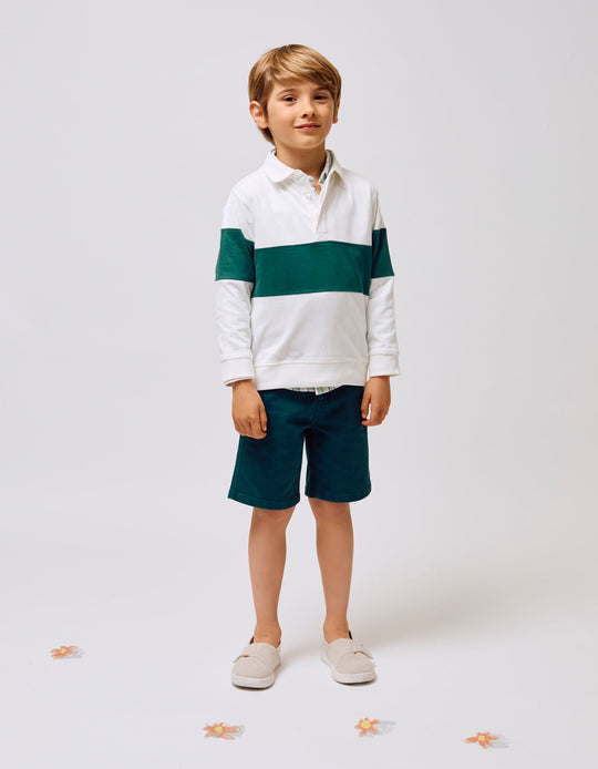 Cotton Polo Sweatshirt for Boys, White/Green