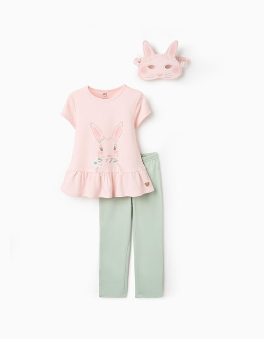 Cotton Pyjama with Bunny Mask for Girls, Pink/Green
