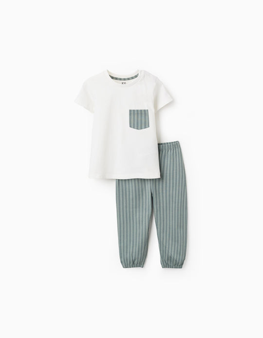 Cotton Jersey Pyjama with Stripes for Baby Boys, White/Green