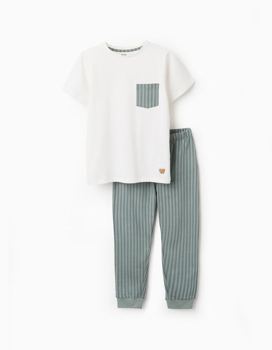 Cotton Jersey Pyjama with Stripes for Boys, White/Green