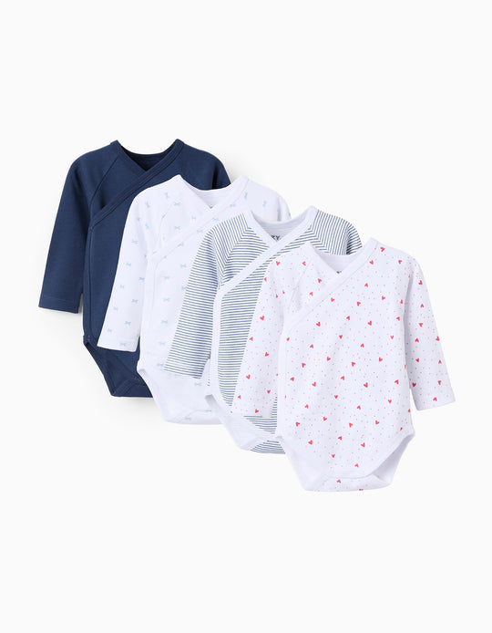 Pack of 4 Cotton Wrapover Bodysuits for Baby Girls 'Hearts', White/Blue
